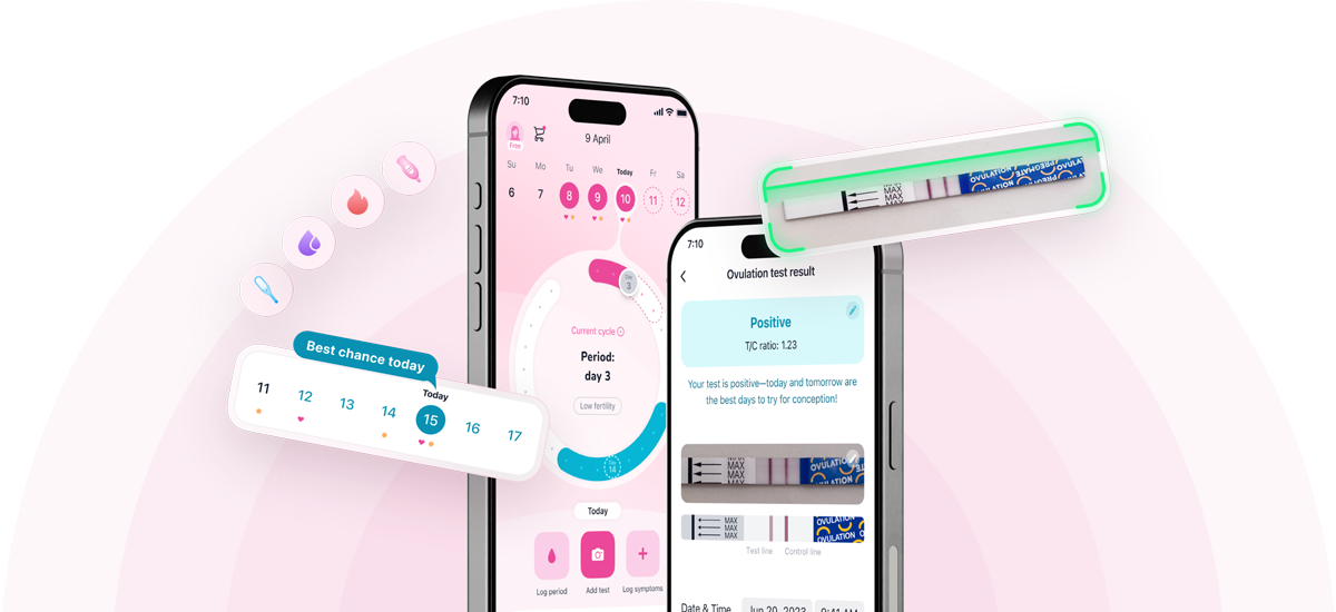 Pregmate app interface showing ovulation test results and fertility tracking